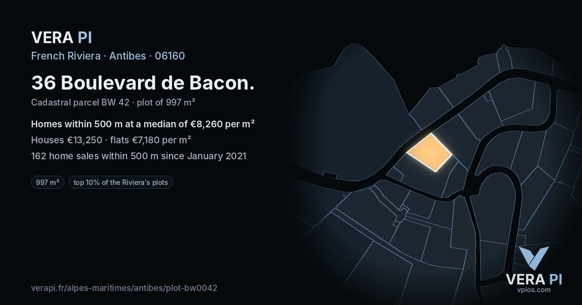 36 Boulevard de Bacon, Antibes at night – the plot lit, the parcels around coloured by the prices near them
