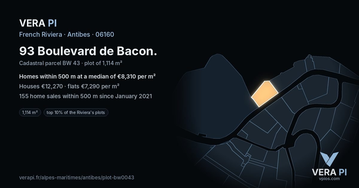 93 Boulevard de Bacon, Antibes at night – the plot lit, the parcels around coloured by the prices near them