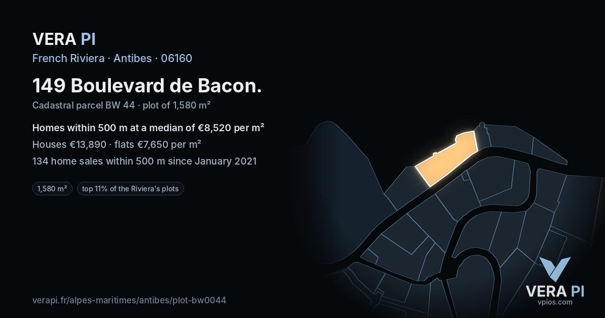 149 Boulevard de Bacon, Antibes at night – the plot lit, the parcels around coloured by the prices near them
