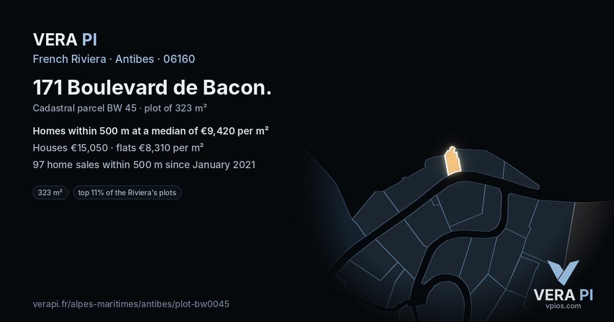 171 Boulevard de Bacon, Antibes at night – the plot lit, the parcels around coloured by the prices near them
