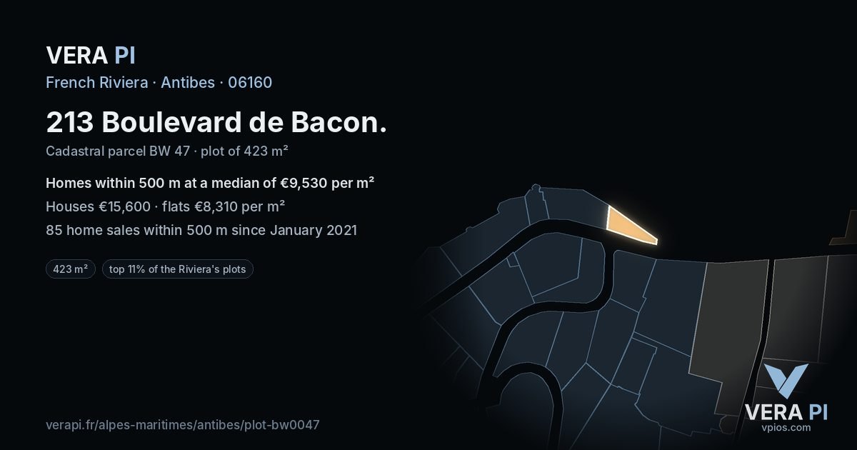 213 Boulevard de Bacon, Antibes at night – the plot lit, the parcels around coloured by the prices near them