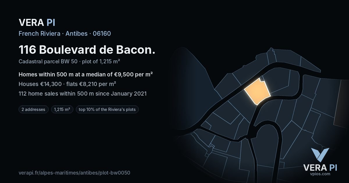 116 Boulevard de Bacon, Antibes at night – the plot lit, the parcels around coloured by the prices near them