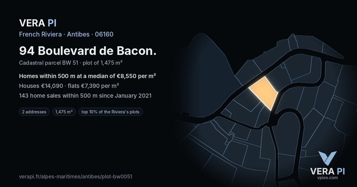 94 Boulevard de Bacon, Antibes at night – the plot lit, the parcels around coloured by the prices near them