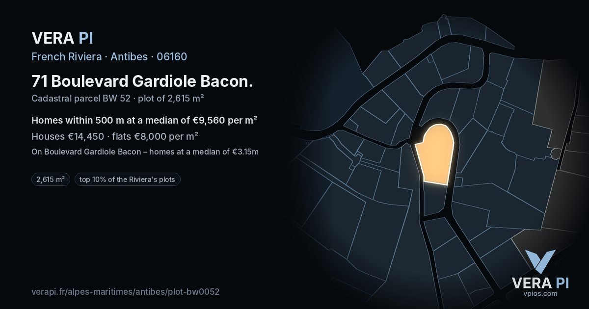 71 Boulevard Gardiole Bacon, Antibes at night – the plot lit, the parcels around coloured by the prices near them