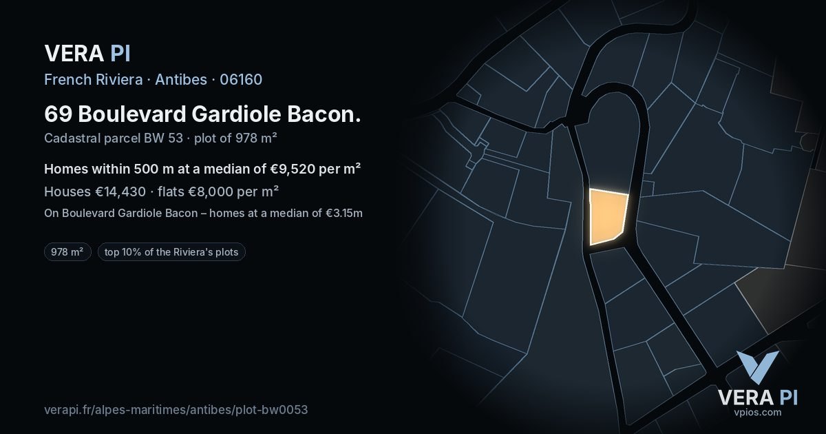 69 Boulevard Gardiole Bacon, Antibes at night – the plot lit, the parcels around coloured by the prices near them