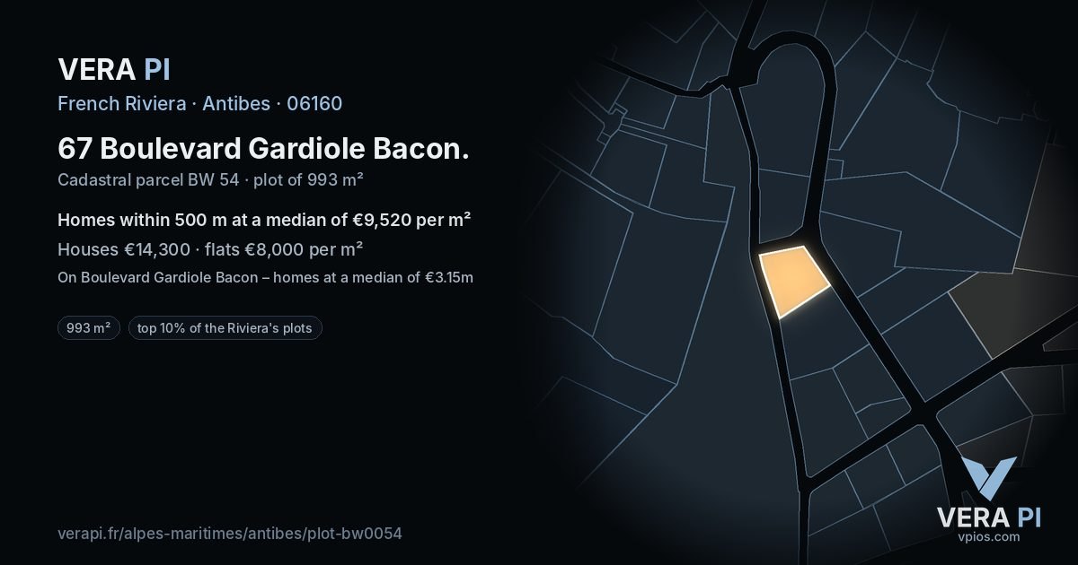67 Boulevard Gardiole Bacon, Antibes at night – the plot lit, the parcels around coloured by the prices near them