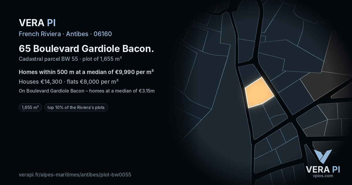 65 Boulevard Gardiole Bacon, Antibes at night – the plot lit, the parcels around coloured by the prices near them