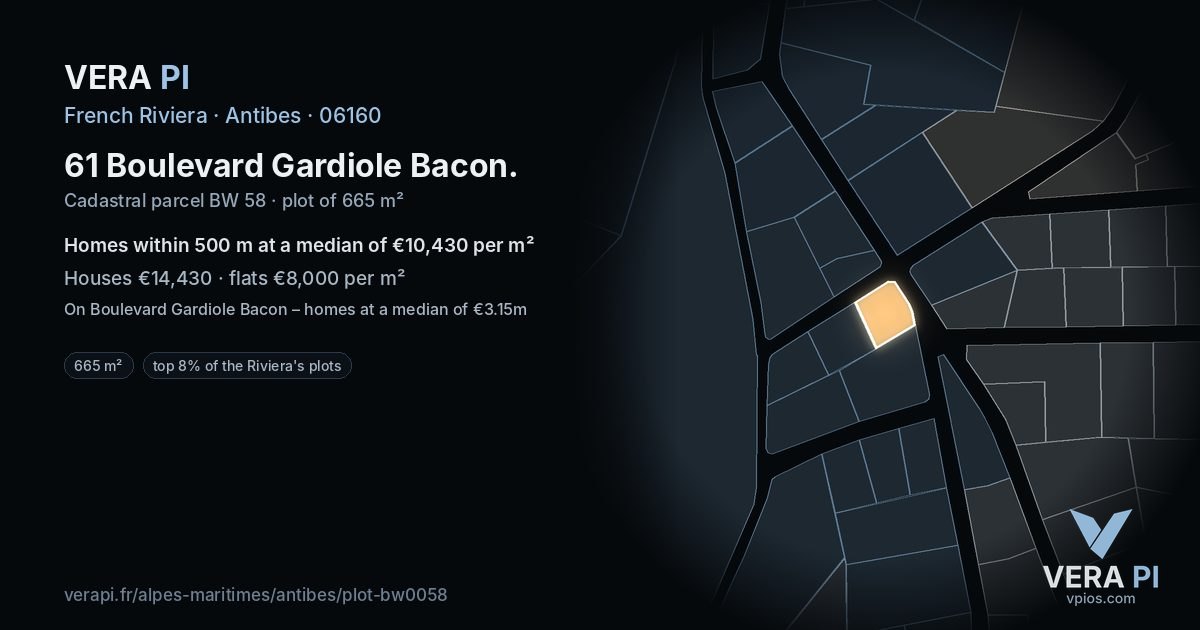 61 Boulevard Gardiole Bacon, Antibes at night – the plot lit, the parcels around coloured by the prices near them