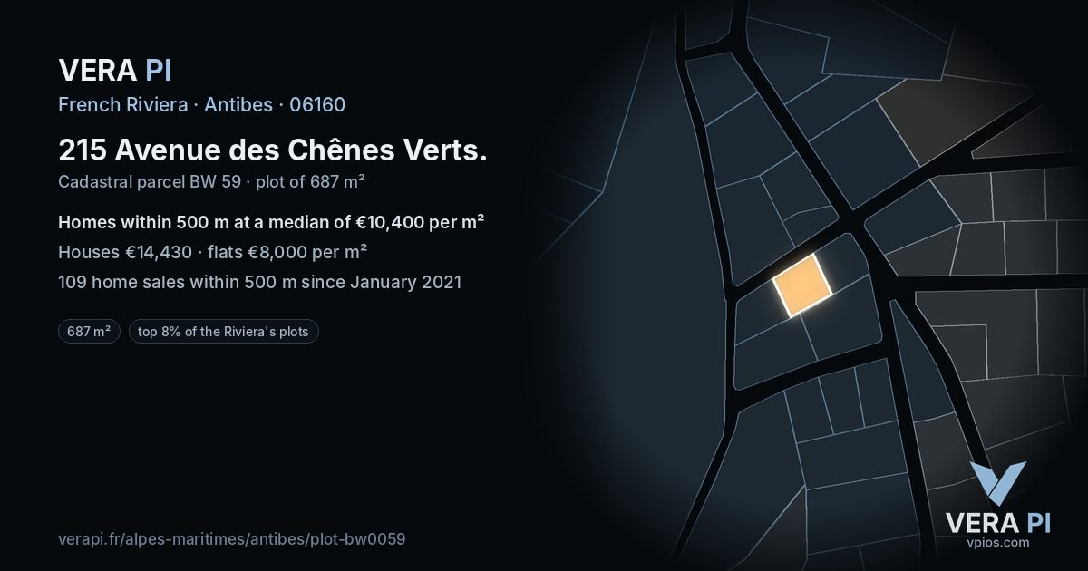 215 Avenue des Chênes Verts, Antibes at night – the plot lit, the parcels around coloured by the prices near them