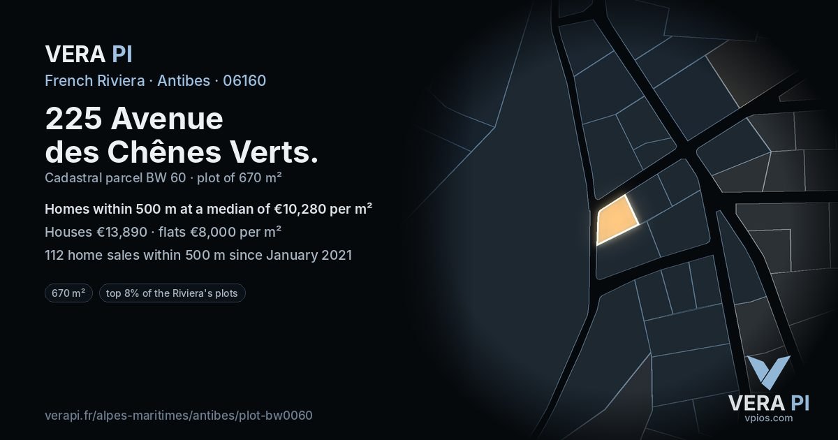 225 Avenue des Chênes Verts, Antibes at night – the plot lit, the parcels around coloured by the prices near them