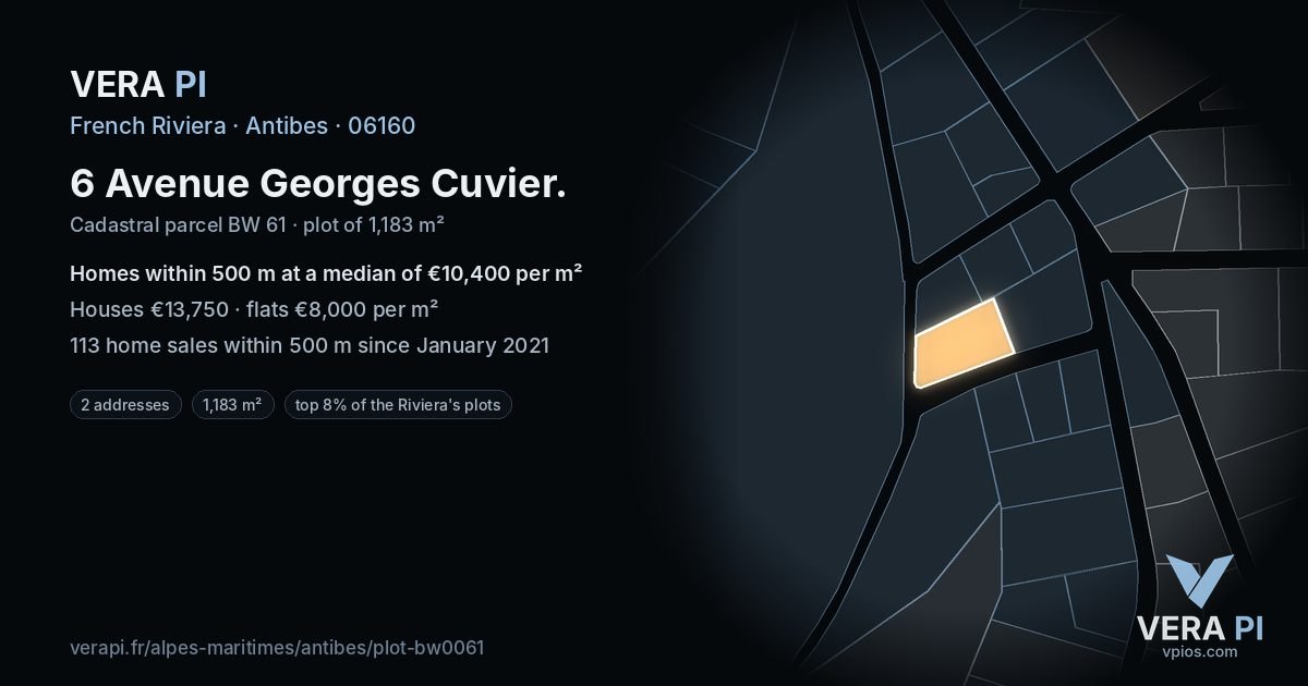 6 Avenue Georges Cuvier, Antibes at night – the plot lit, the parcels around coloured by the prices near them