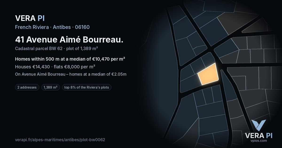 41 Avenue Aimé Bourreau, Antibes at night – the plot lit, the parcels around coloured by the prices near them