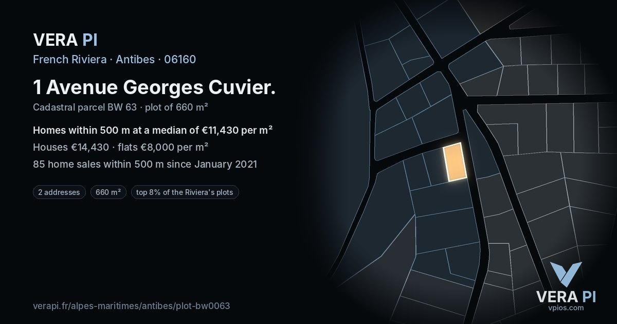 1 Avenue Georges Cuvier, Antibes at night – the plot lit, the parcels around coloured by the prices near them