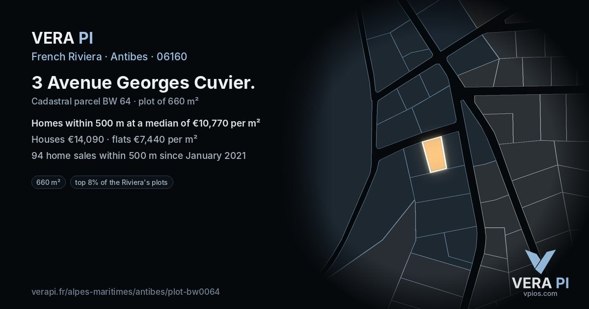 3 Avenue Georges Cuvier, Antibes at night – the plot lit, the parcels around coloured by the prices near them