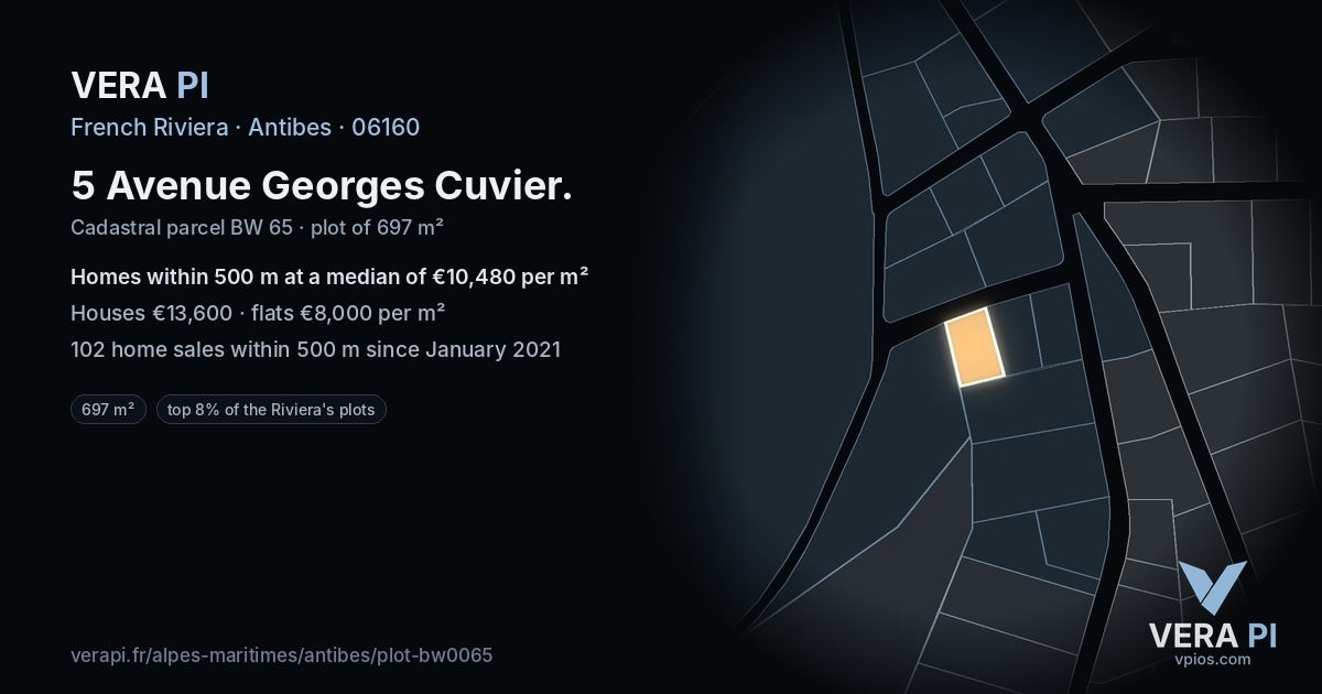 5 Avenue Georges Cuvier, Antibes at night – the plot lit, the parcels around coloured by the prices near them