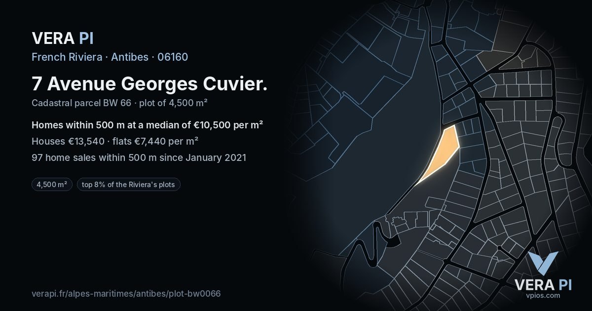 7 Avenue Georges Cuvier, Antibes at night – the plot lit, the parcels around coloured by the prices near them