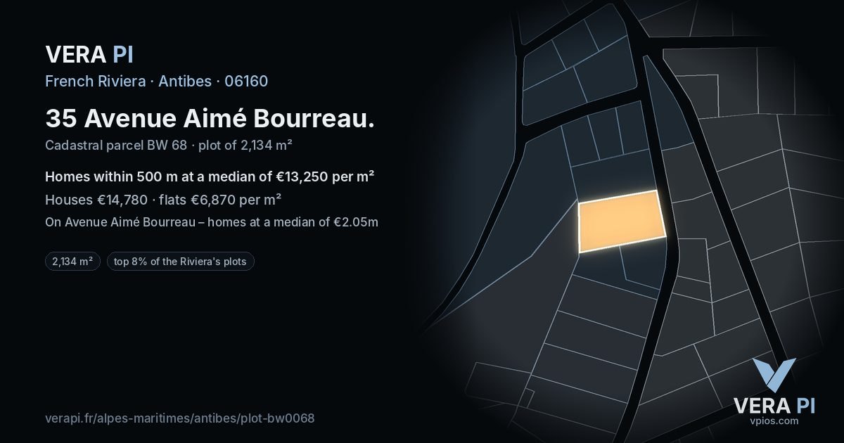 35 Avenue Aimé Bourreau, Antibes at night – the plot lit, the parcels around coloured by the prices near them
