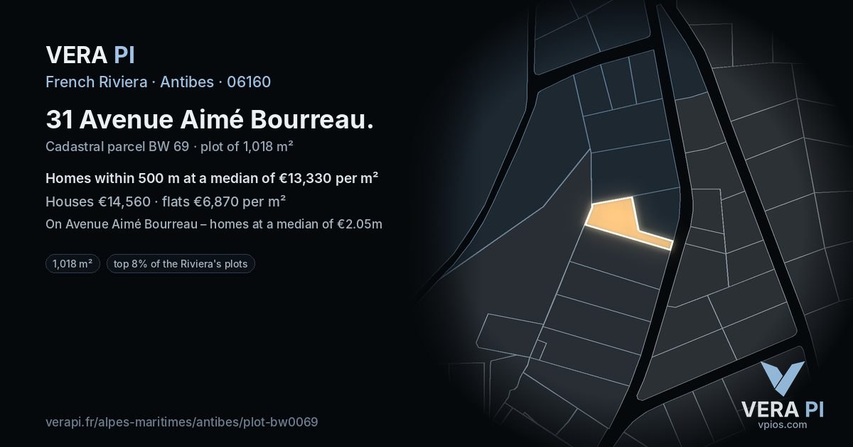 31 Avenue Aimé Bourreau, Antibes at night – the plot lit, the parcels around coloured by the prices near them