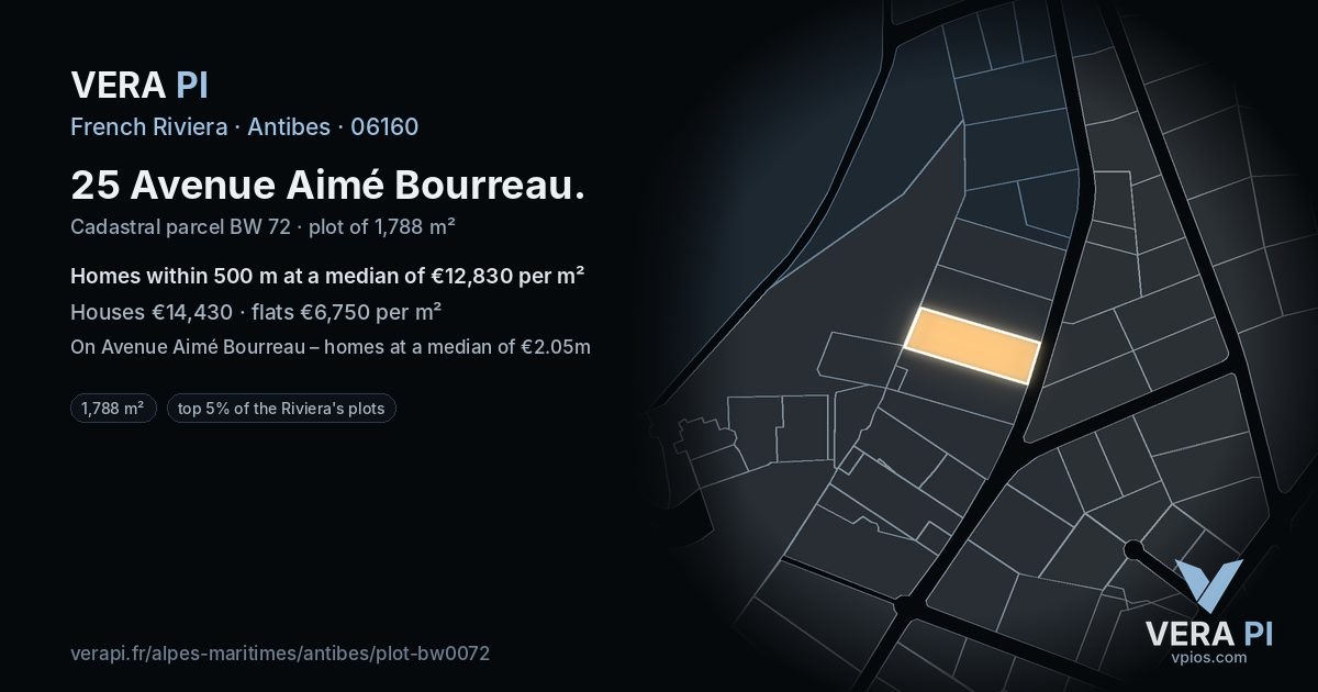 25 Avenue Aimé Bourreau, Antibes at night – the plot lit, the parcels around coloured by the prices near them