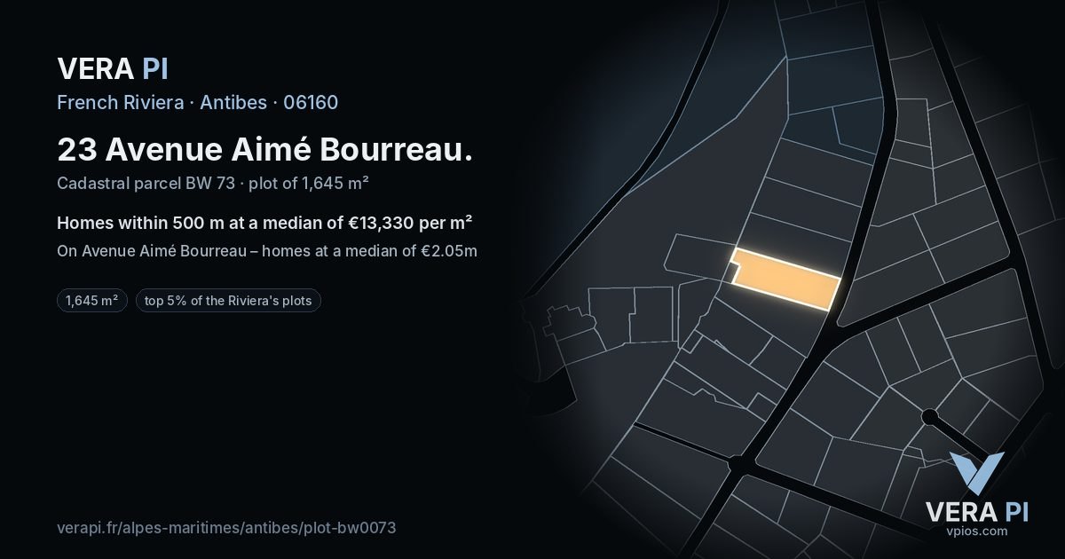 23 Avenue Aimé Bourreau, Antibes at night – the plot lit, the parcels around coloured by the prices near them