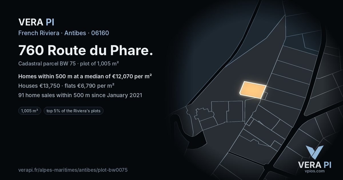 760 Route du Phare, Antibes at night – the plot lit, the parcels around coloured by the prices near them