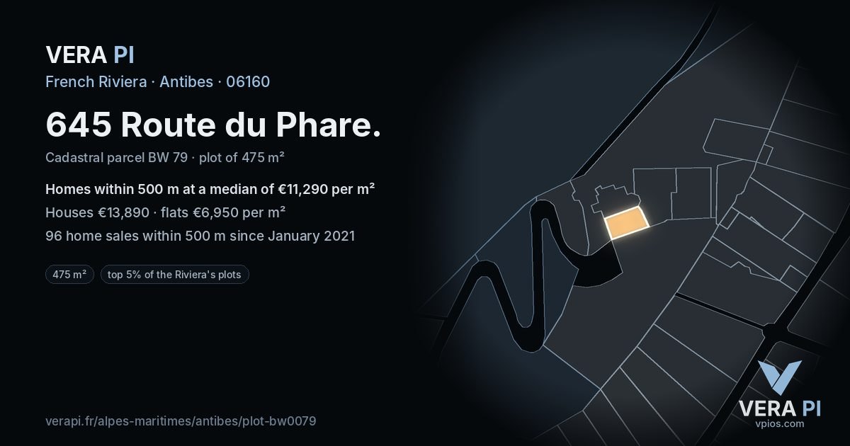 645 Route du Phare, Antibes at night – the plot lit, the parcels around coloured by the prices near them