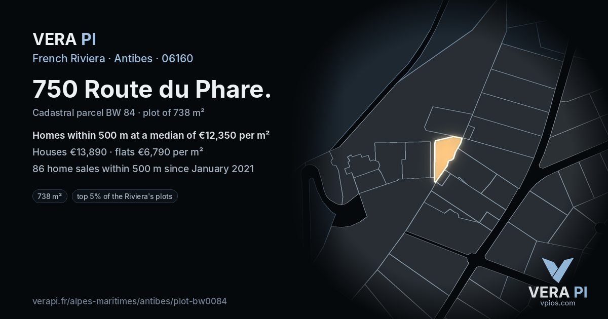 750 Route du Phare, Antibes at night – the plot lit, the parcels around coloured by the prices near them