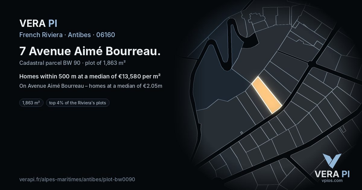 7 Avenue Aimé Bourreau, Antibes at night – the plot lit, the parcels around coloured by the prices near them