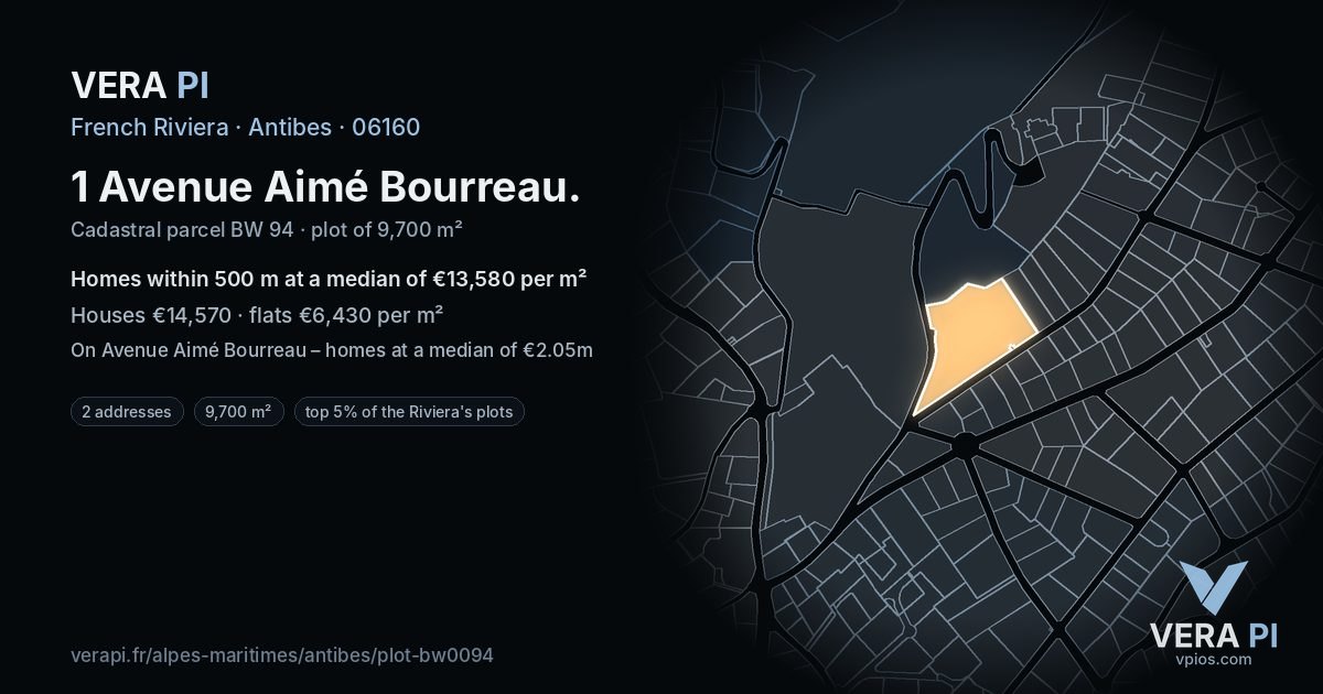1 Avenue Aimé Bourreau, Antibes at night – the plot lit, the parcels around coloured by the prices near them