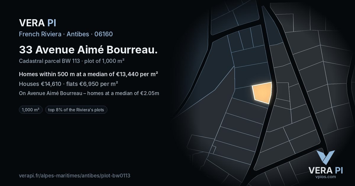 33 Avenue Aimé Bourreau, Antibes at night – the plot lit, the parcels around coloured by the prices near them