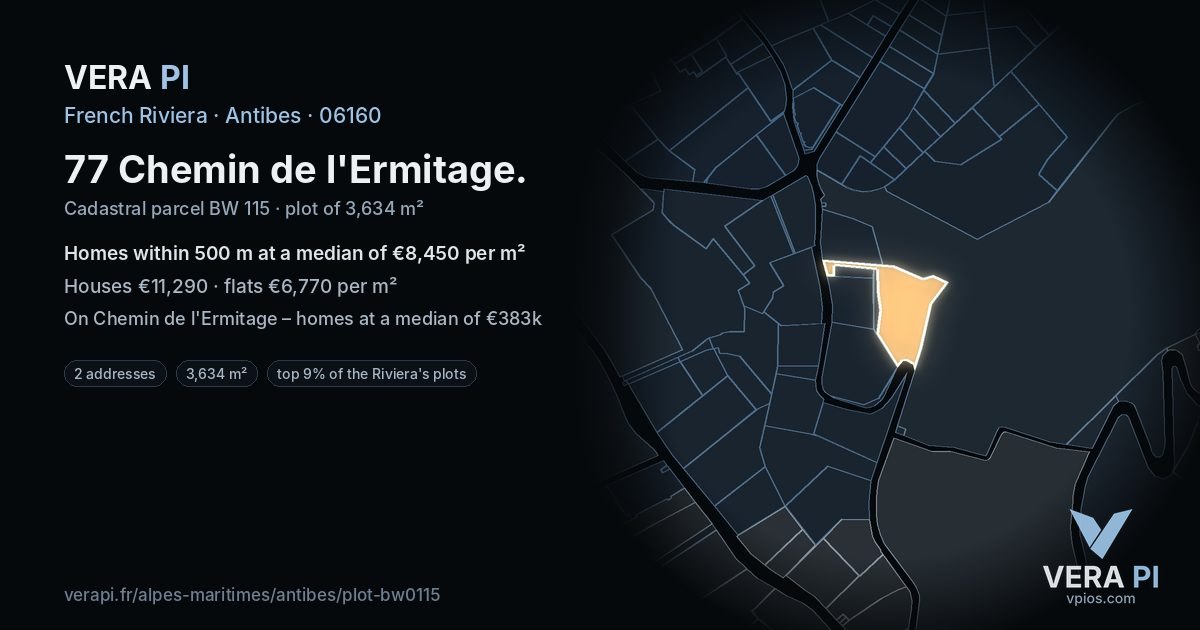 77 Chemin de l'Ermitage, Antibes at night – the plot lit, the parcels around coloured by the prices near them