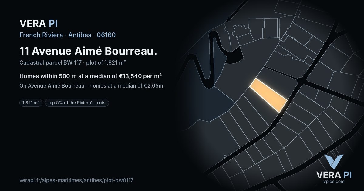 11 Avenue Aimé Bourreau, Antibes at night – the plot lit, the parcels around coloured by the prices near them