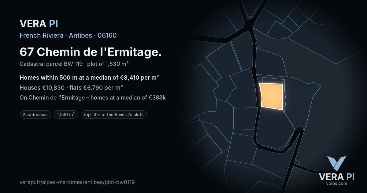 67 Chemin de l'Ermitage, Antibes at night – the plot lit, the parcels around coloured by the prices near them