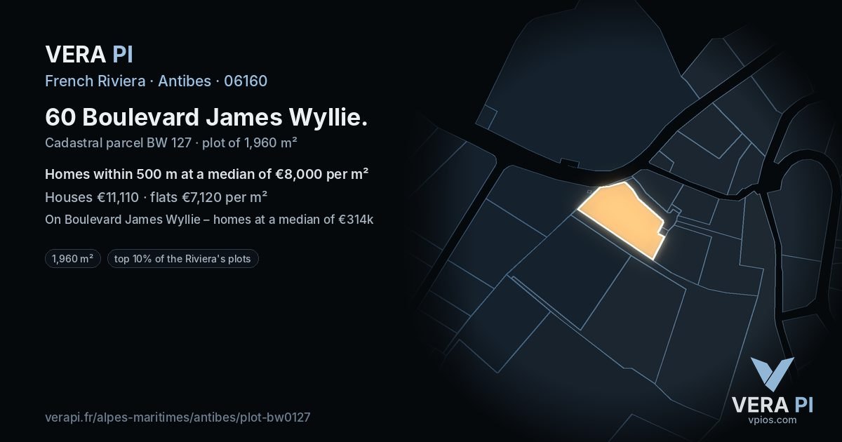 60 Boulevard James Wyllie, Antibes at night – the plot lit, the parcels around coloured by the prices near them