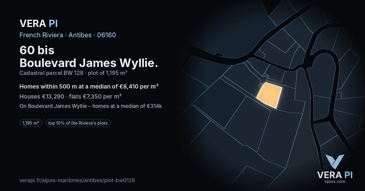 60 bis Boulevard James Wyllie, Antibes at night – the plot lit, the parcels around coloured by the prices near them