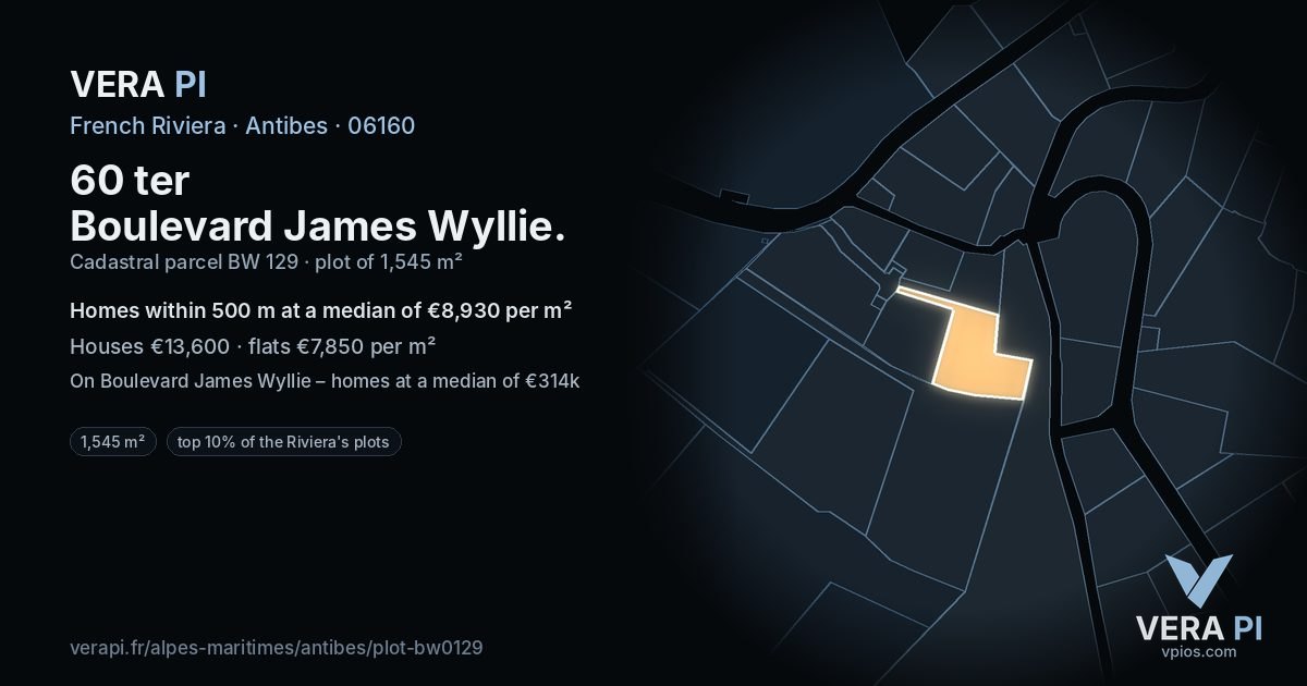 60 ter Boulevard James Wyllie, Antibes at night – the plot lit, the parcels around coloured by the prices near them