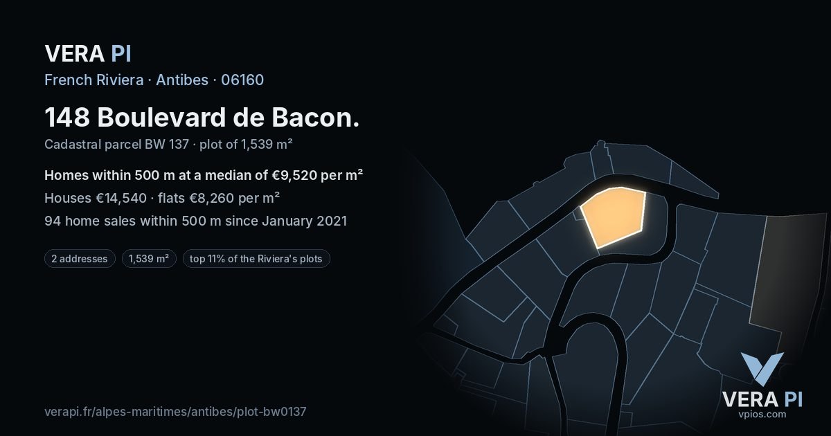 148 Boulevard de Bacon, Antibes at night – the plot lit, the parcels around coloured by the prices near them