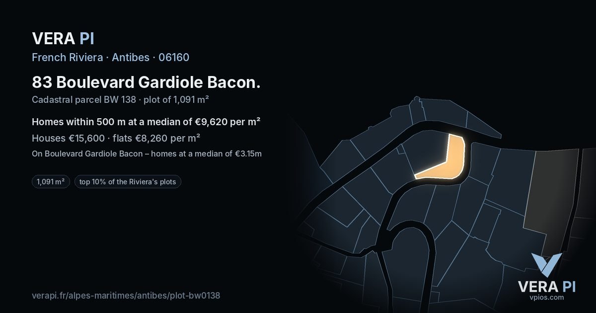 83 Boulevard Gardiole Bacon, Antibes at night – the plot lit, the parcels around coloured by the prices near them