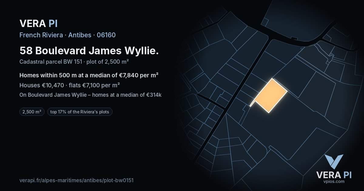 58 Boulevard James Wyllie, Antibes at night – the plot lit, the parcels around coloured by the prices near them