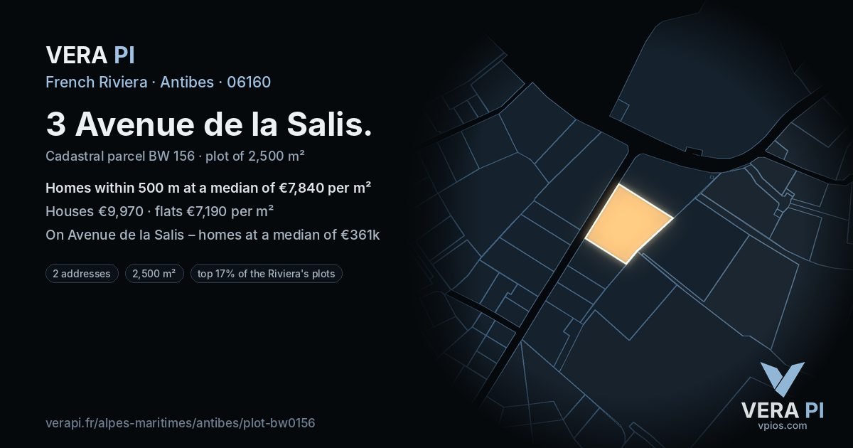 3 Avenue de la Salis, Antibes at night – the plot lit, the parcels around coloured by the prices near them