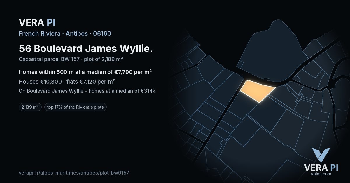 56 Boulevard James Wyllie, Antibes at night – the plot lit, the parcels around coloured by the prices near them