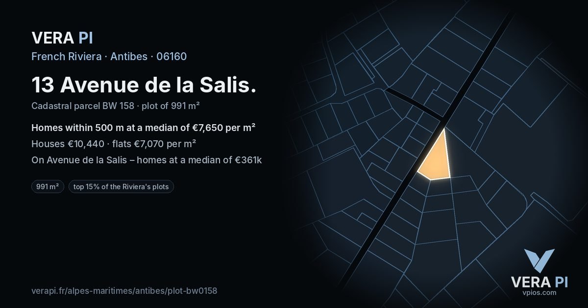 13 Avenue de la Salis, Antibes at night – the plot lit, the parcels around coloured by the prices near them