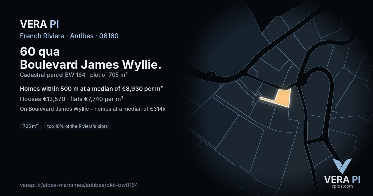 60 qua Boulevard James Wyllie, Antibes at night – the plot lit, the parcels around coloured by the prices near them