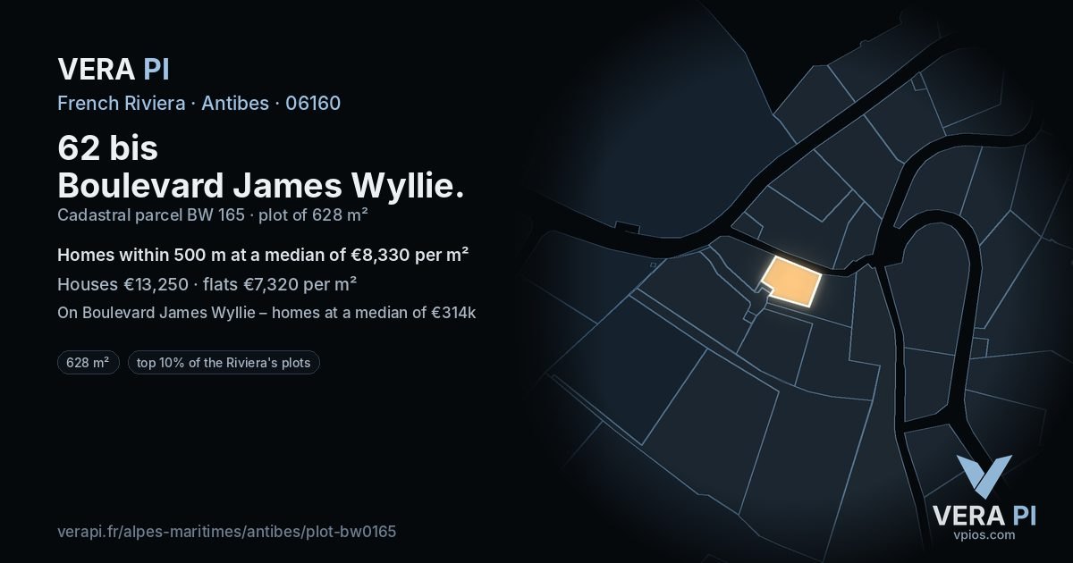62 bis Boulevard James Wyllie, Antibes at night – the plot lit, the parcels around coloured by the prices near them