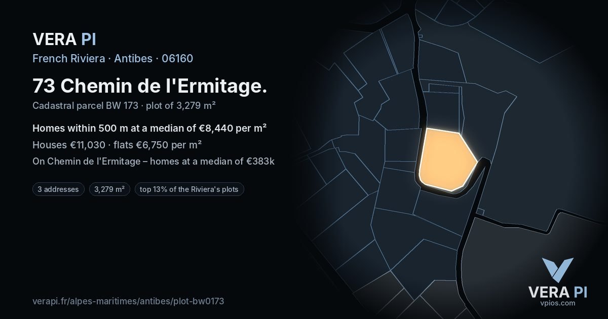 73 Chemin de l'Ermitage, Antibes at night – the plot lit, the parcels around coloured by the prices near them