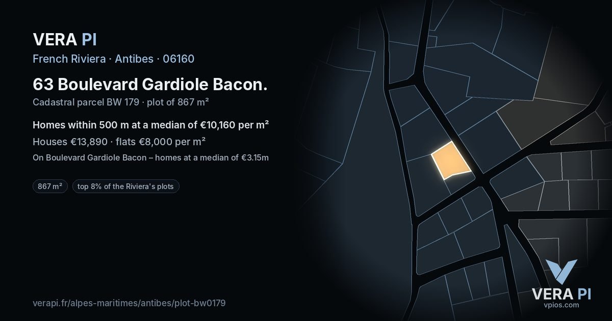 63 Boulevard Gardiole Bacon, Antibes at night – the plot lit, the parcels around coloured by the prices near them