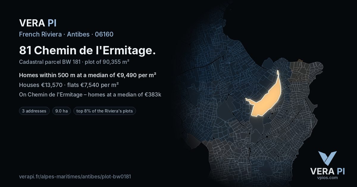 81 Chemin de l'Ermitage, Antibes at night – the plot lit, the parcels around coloured by the prices near them