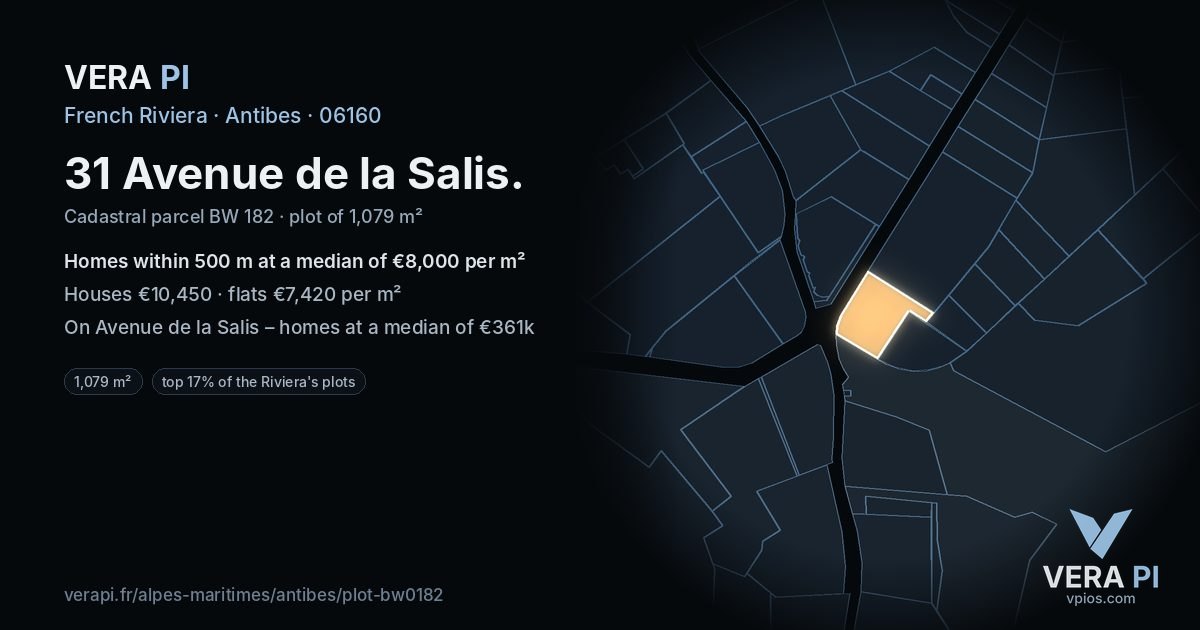 31 Avenue de la Salis, Antibes at night – the plot lit, the parcels around coloured by the prices near them