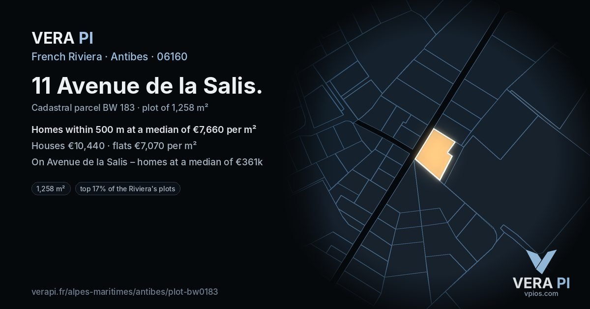 11 Avenue de la Salis, Antibes at night – the plot lit, the parcels around coloured by the prices near them