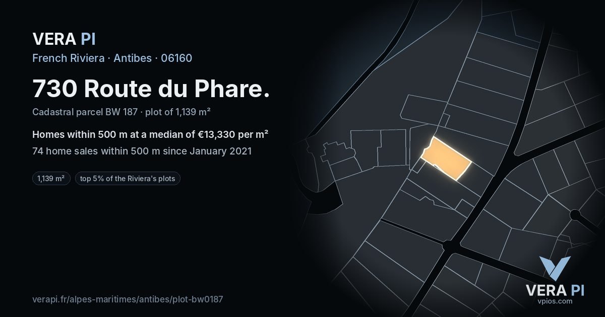 730 Route du Phare, Antibes at night – the plot lit, the parcels around coloured by the prices near them